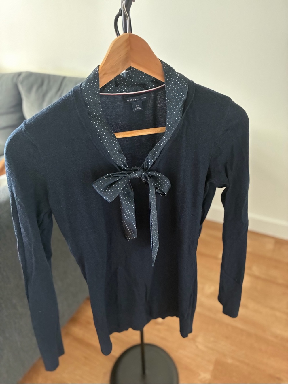 Tommy Hilfiger Navy Long Sleeve Tie-Neck Top